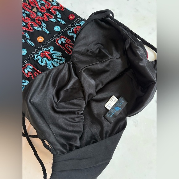 SUE WONG NOCTURNE Vintage Boho Southwest Beaded Silk Dress 6 Y2k Asymmetrical - Picture 7 of 13